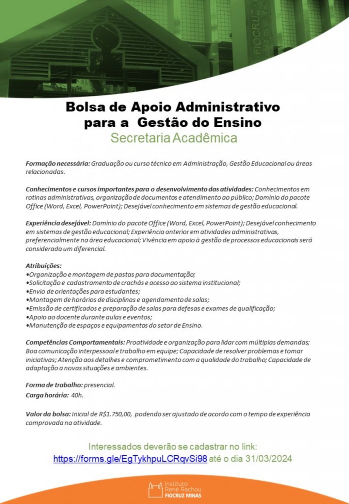 Cartaz divulgação bolsista apoio administrativo - SENS